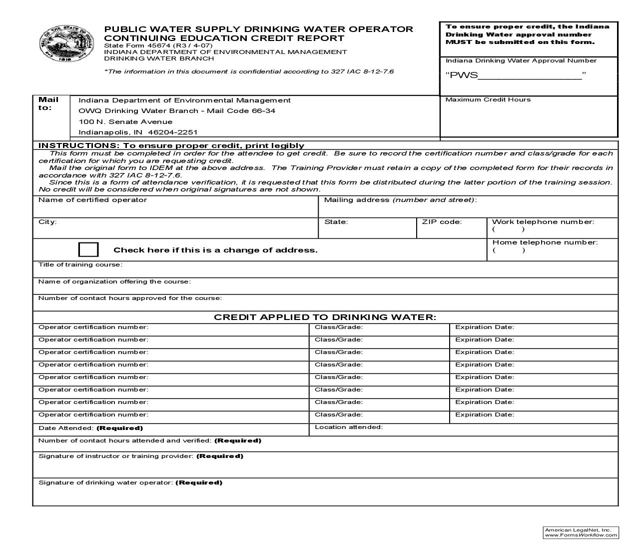 Public Water Supply Drinking Water Operator Continuing Education Credit Report {45674} |  | Indiana