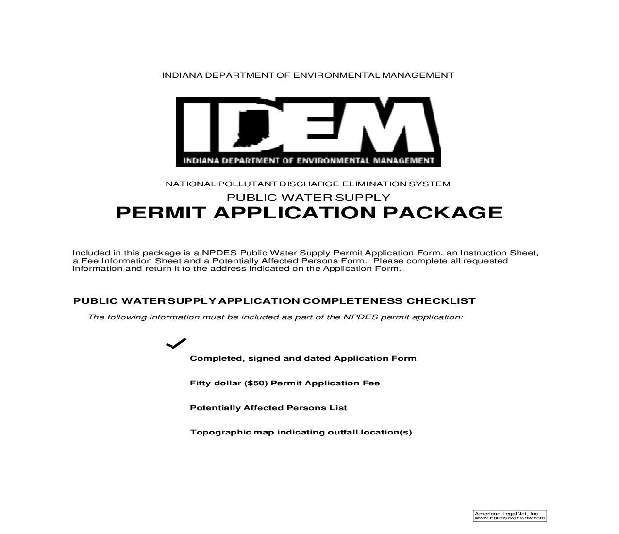 Public Water Supply Permit Application Package {50103} |  | Indiana