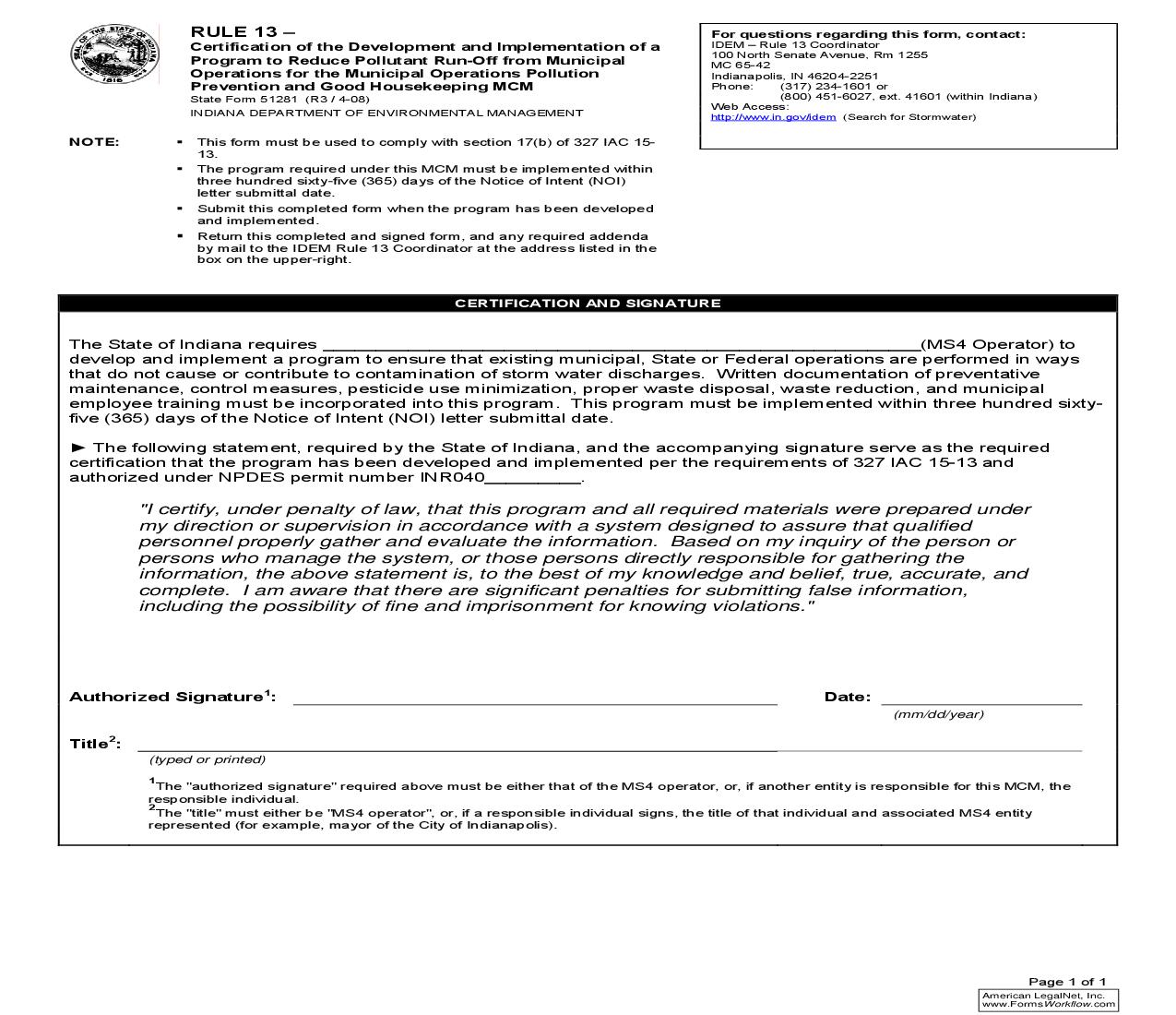 Rule 13 Certification Of The Development And Implementation Of A Program To Reduce Pollutant Run-Off {51281} |  | Indiana