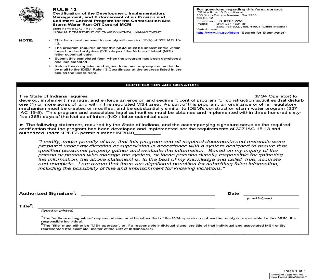 Rule 13 Certification Of The Development Implementation Management And Enforcement {51272} |  | Indiana