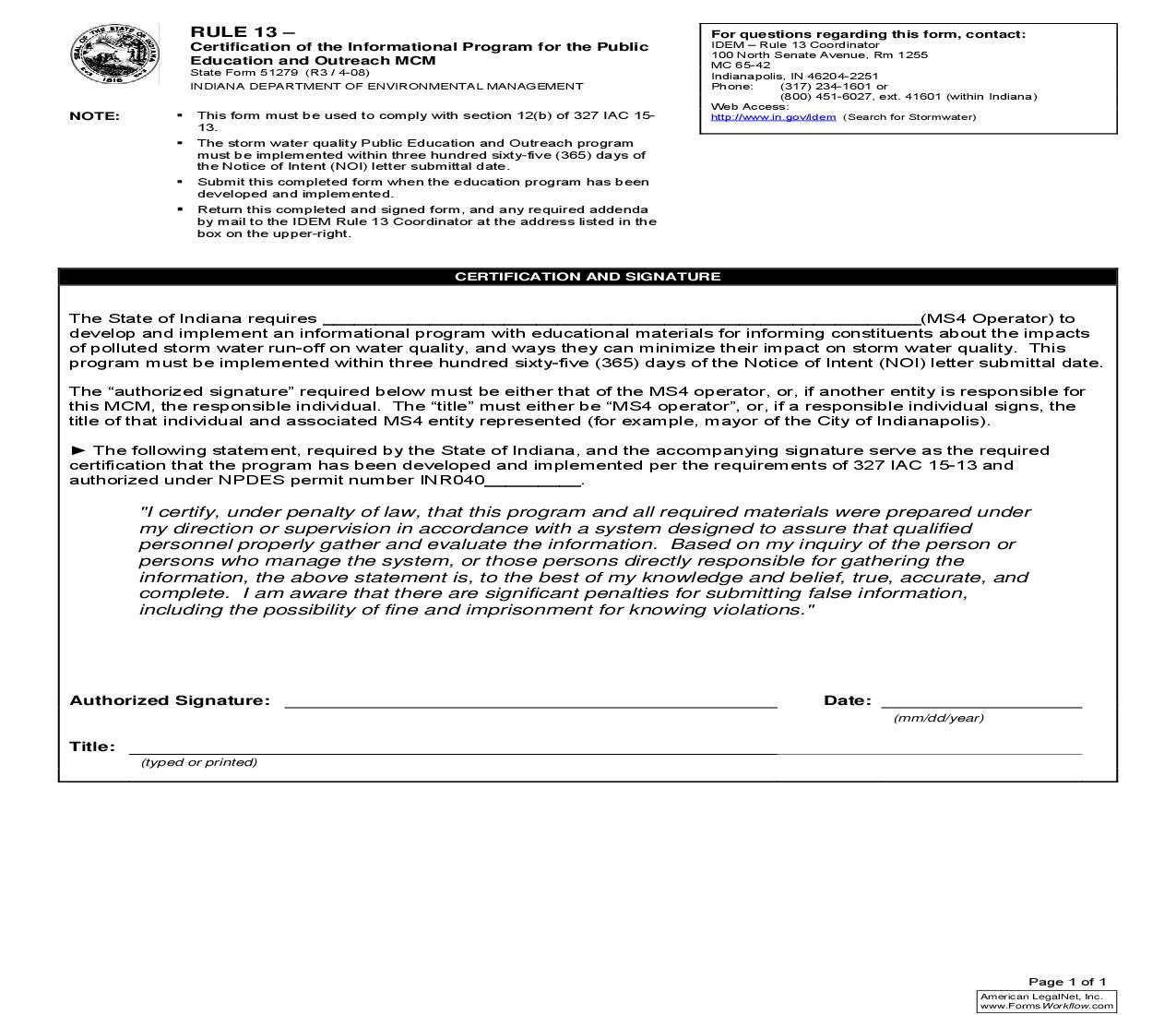 Rule 13 Certification Of The Informational Program For The Public {51279} |  | Indiana