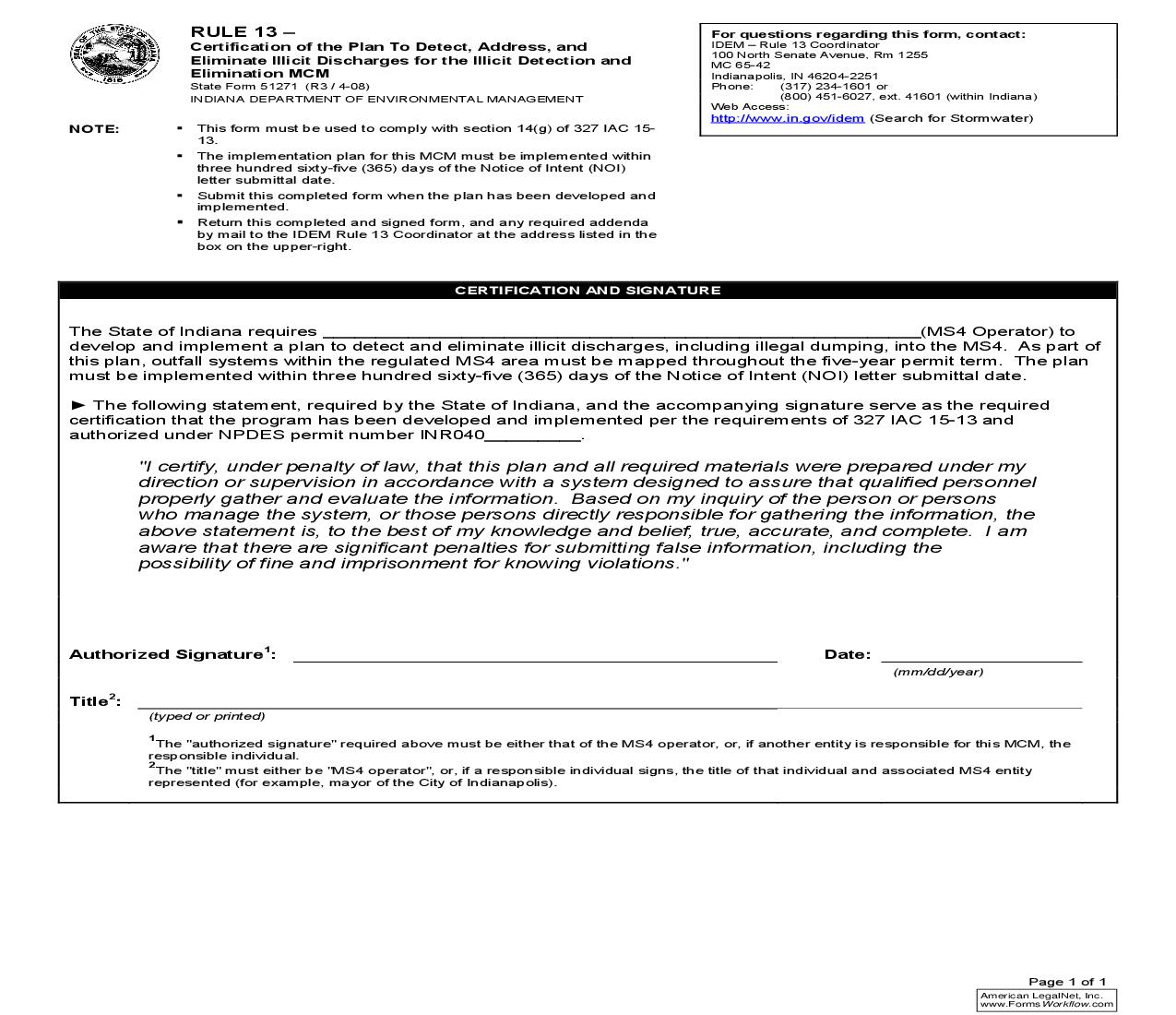 Rule 13 Certification Of The Plan To Detect Address And Eliminate Illicit Discharges for the Illicit Detection{51271} |  | Indiana