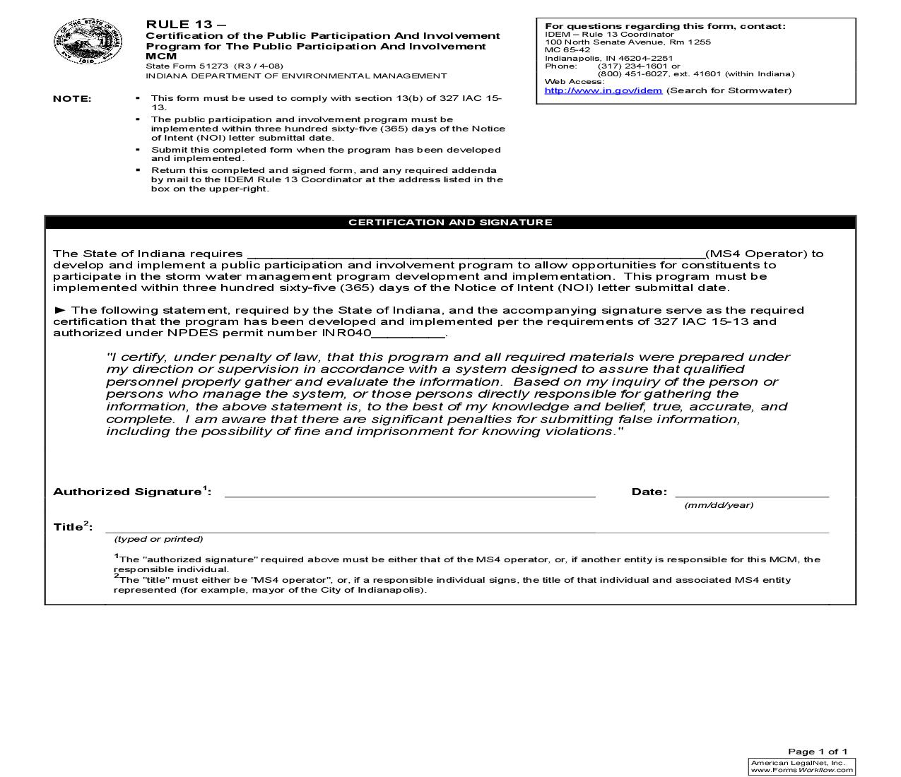 Rule 13 Certification Of The Public Participation And Involvement Program {51273} |  | Indiana