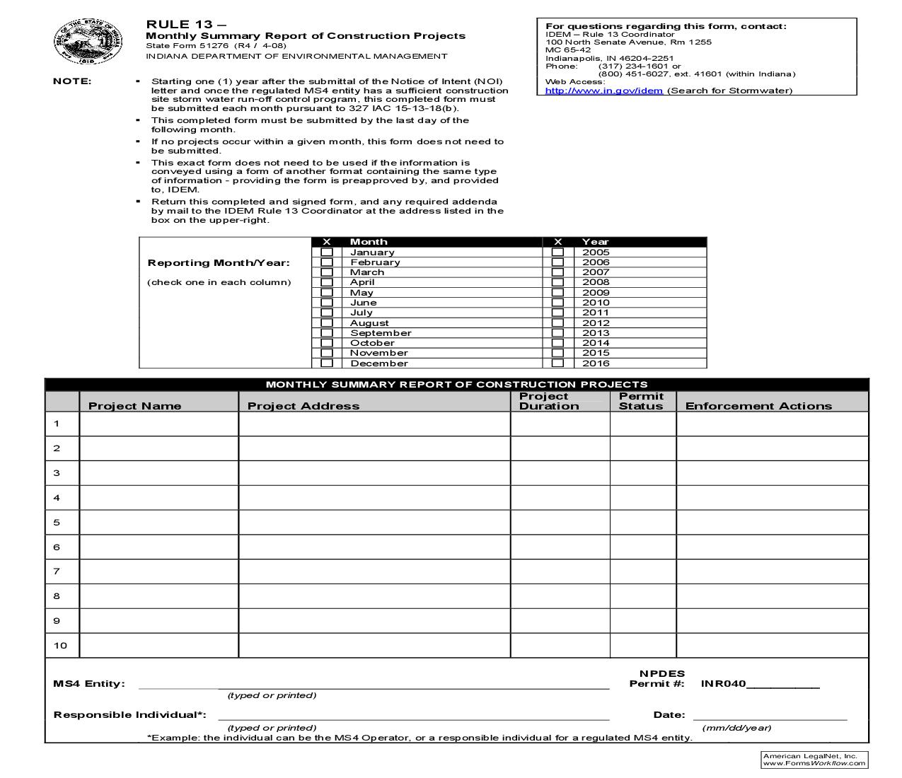 Rule 13 Monthly Summary Report Of Construction Projects {51276} |  | Indiana