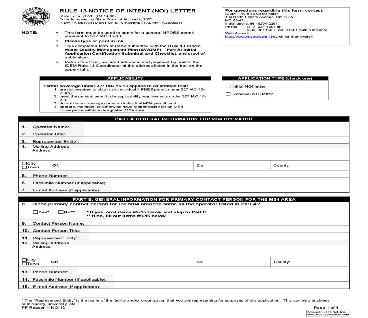 Rule 13 Notice Of Intent (NOI) Letter {51270} |  | Indiana