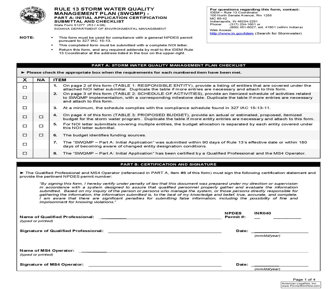 Rule 13 Storm Water Quality Management Plan (SWQMP) Part A {51277} |  | Indiana