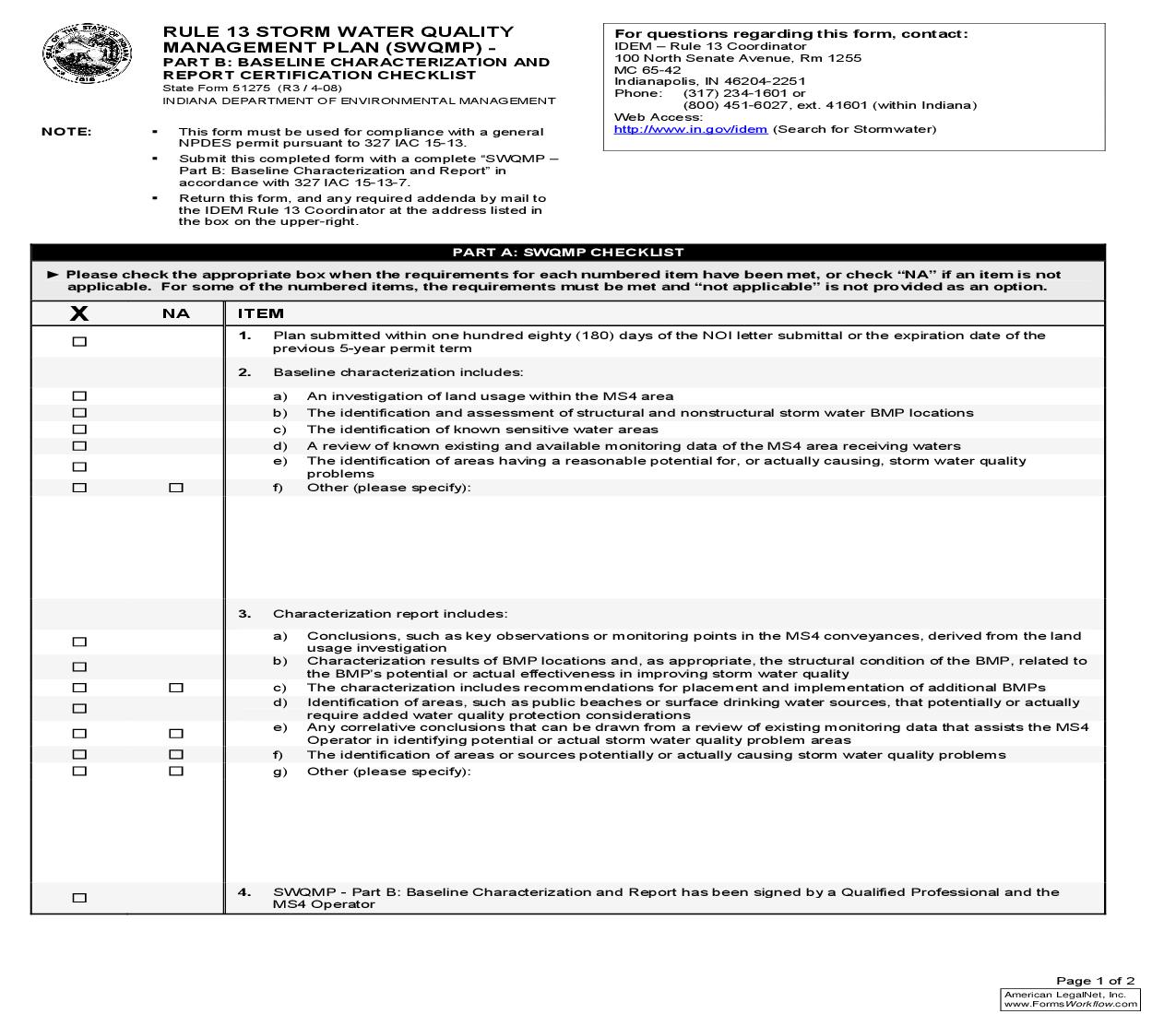 Rule 13 Storm Water Quality Management Plan (SWQMP) Part B {51275} |  | Indiana