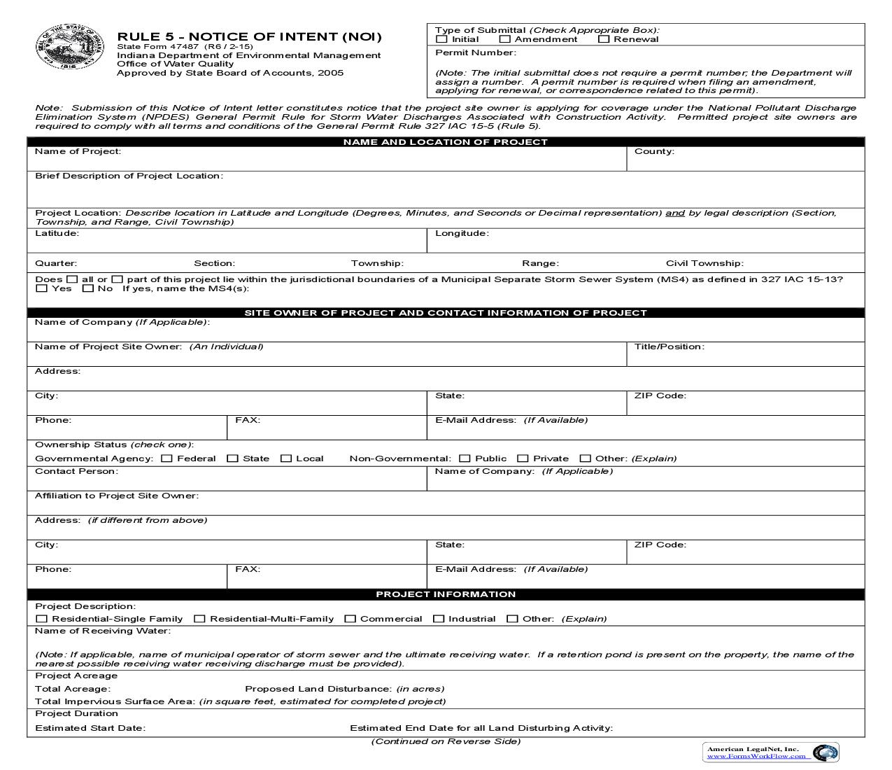 Rule 5 Notice Of Intent (NOI) {47487} |  | Indiana