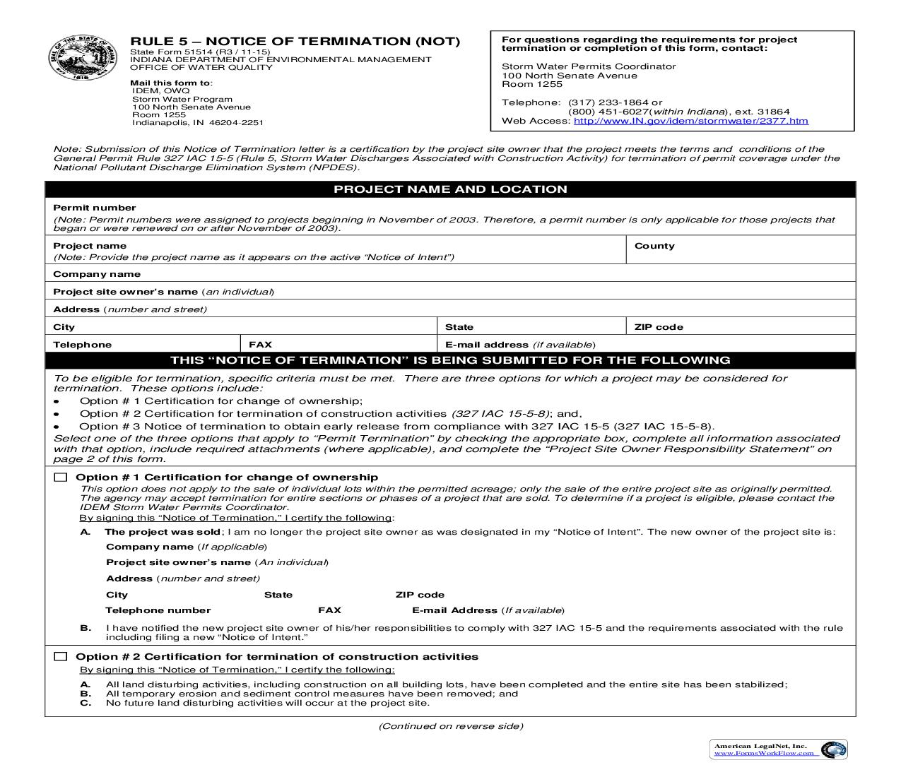 Rule 5 Notice Of Termination (NOT) {51514} |  | Indiana