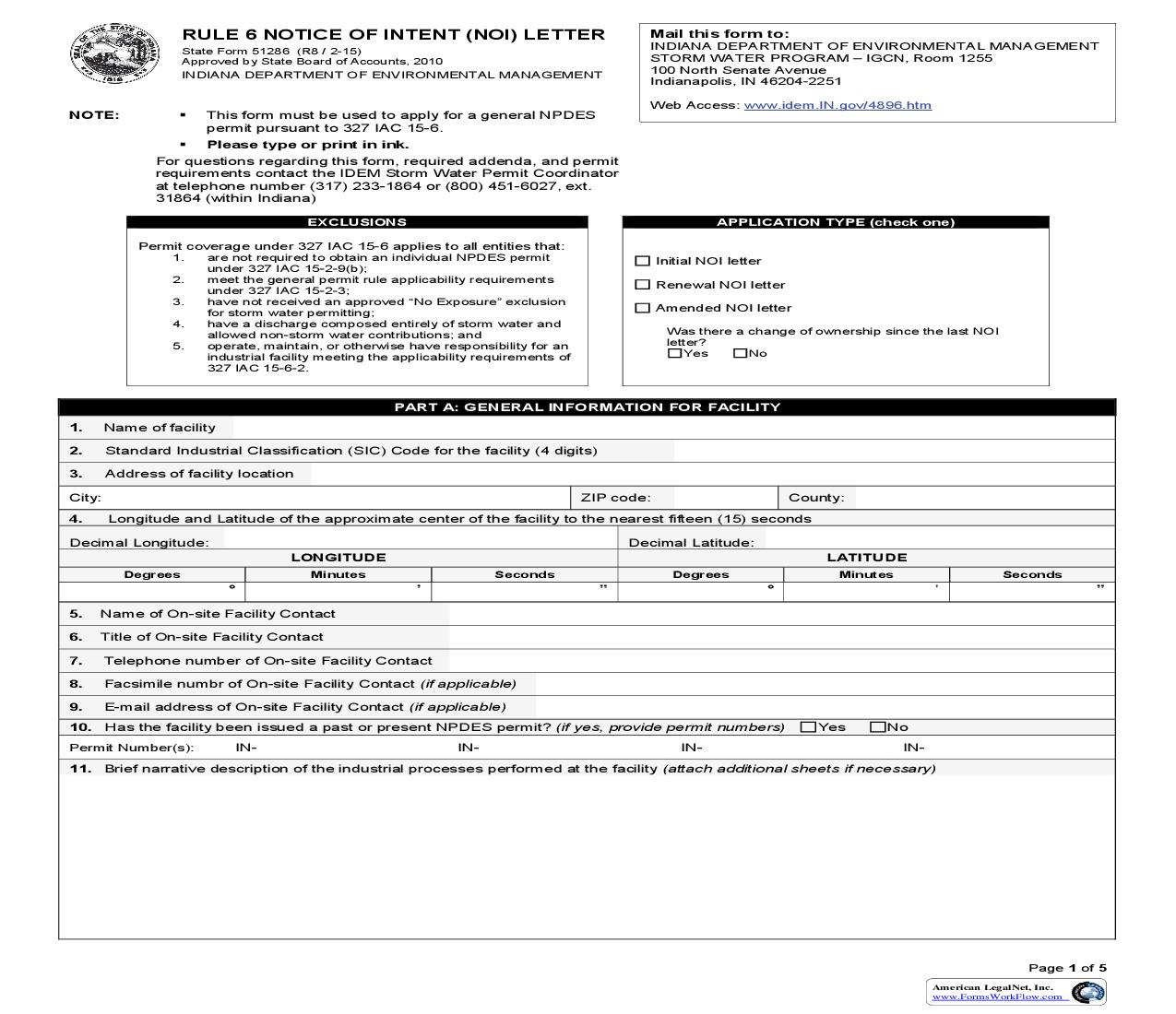 Rule 6 Notice Of Intent (NOI) Letter {51286} |  | Indiana
