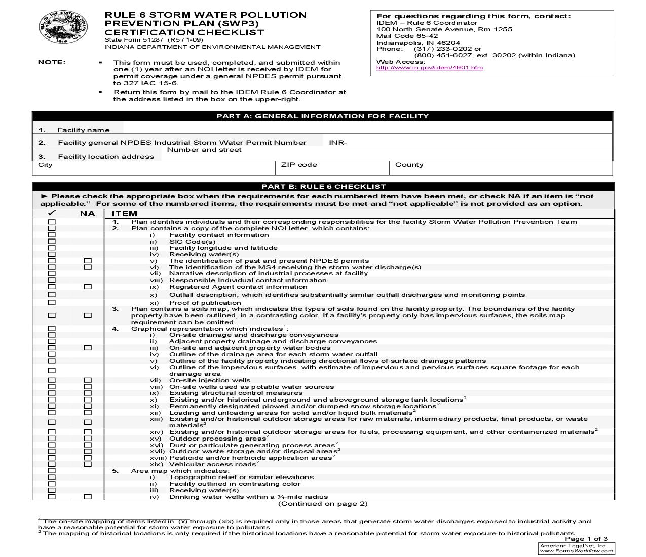 Rule 6 Storm Water Pollution Prevention Plan (SWP3) Certification Checklist {51287} |  | Indiana