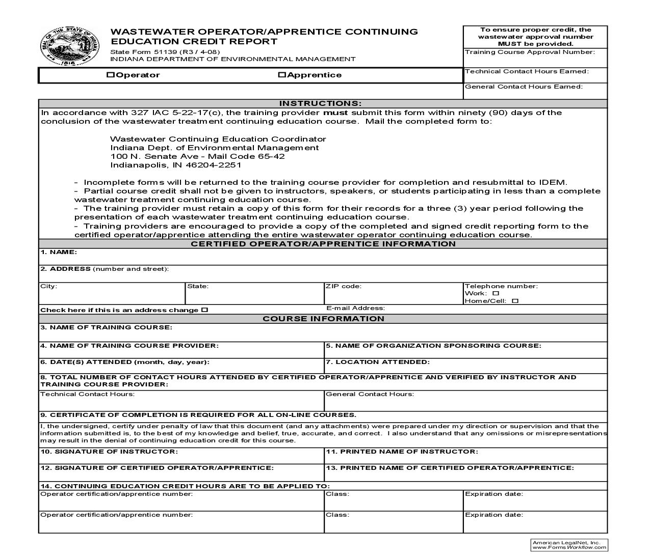 Wastewater Operator Continuing Education Credit Report {51139} |  | Indiana