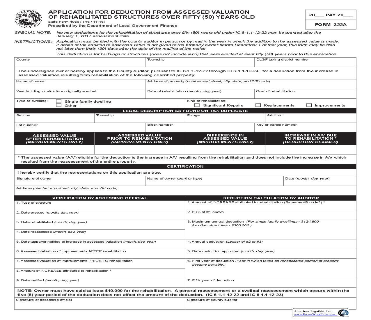 Application For Deduction From Assessed Valuation Of Rehabilitated Property (Form 322A) {49567} |  | Indiana