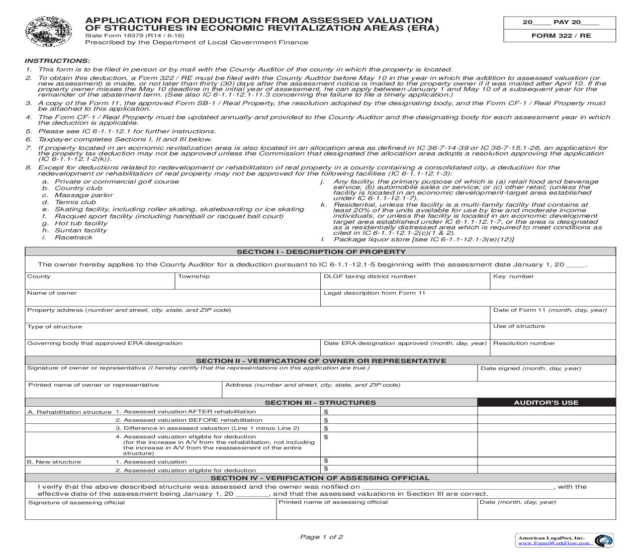 Application For Deduction From Assessed Valuation Of Structures (Form 322-RE) {18379} |  | Indiana