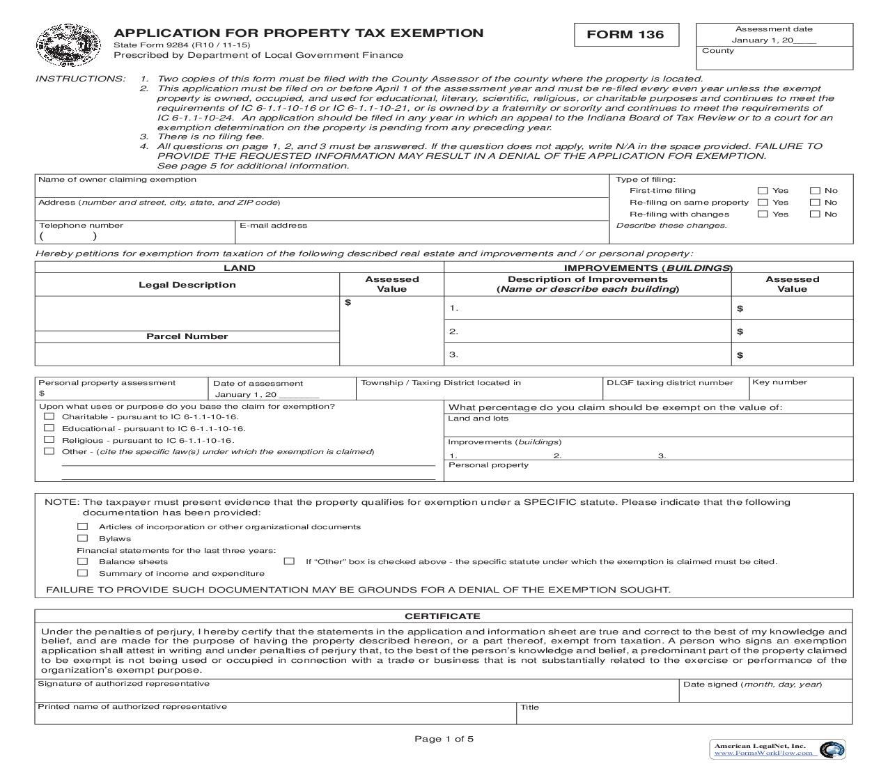 Application For Property Tax Exemption (Form 136) {9284} |  | Indiana