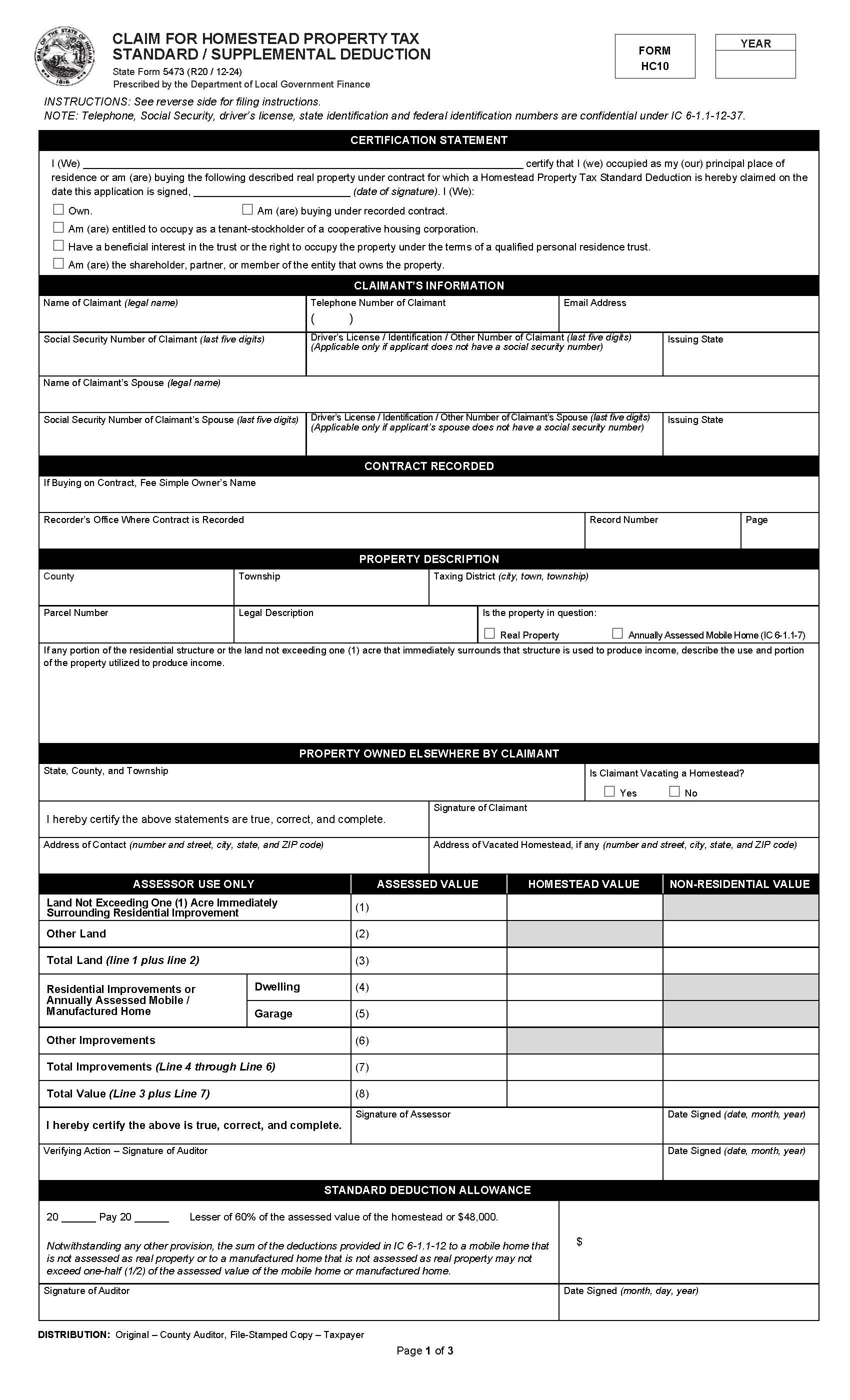 Claim For Homestead Property Tax Standard Supplemental Deduction (Form HC10) {5473} | Pdf Fpdf Docx | Indiana