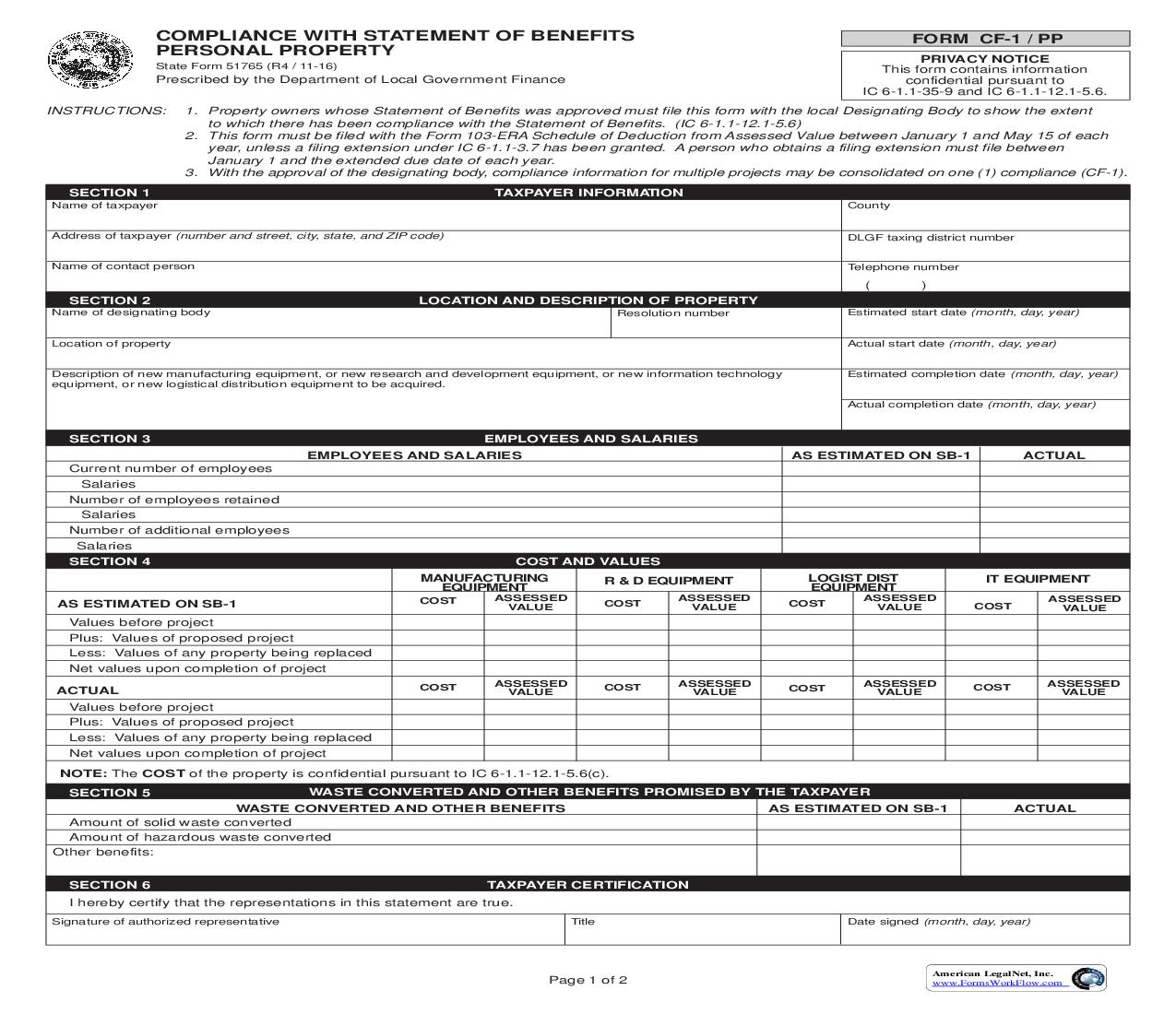 Compliance With Statement Of Benefits Personal Property (Form CF-1 PP) {51765} |  | Indiana