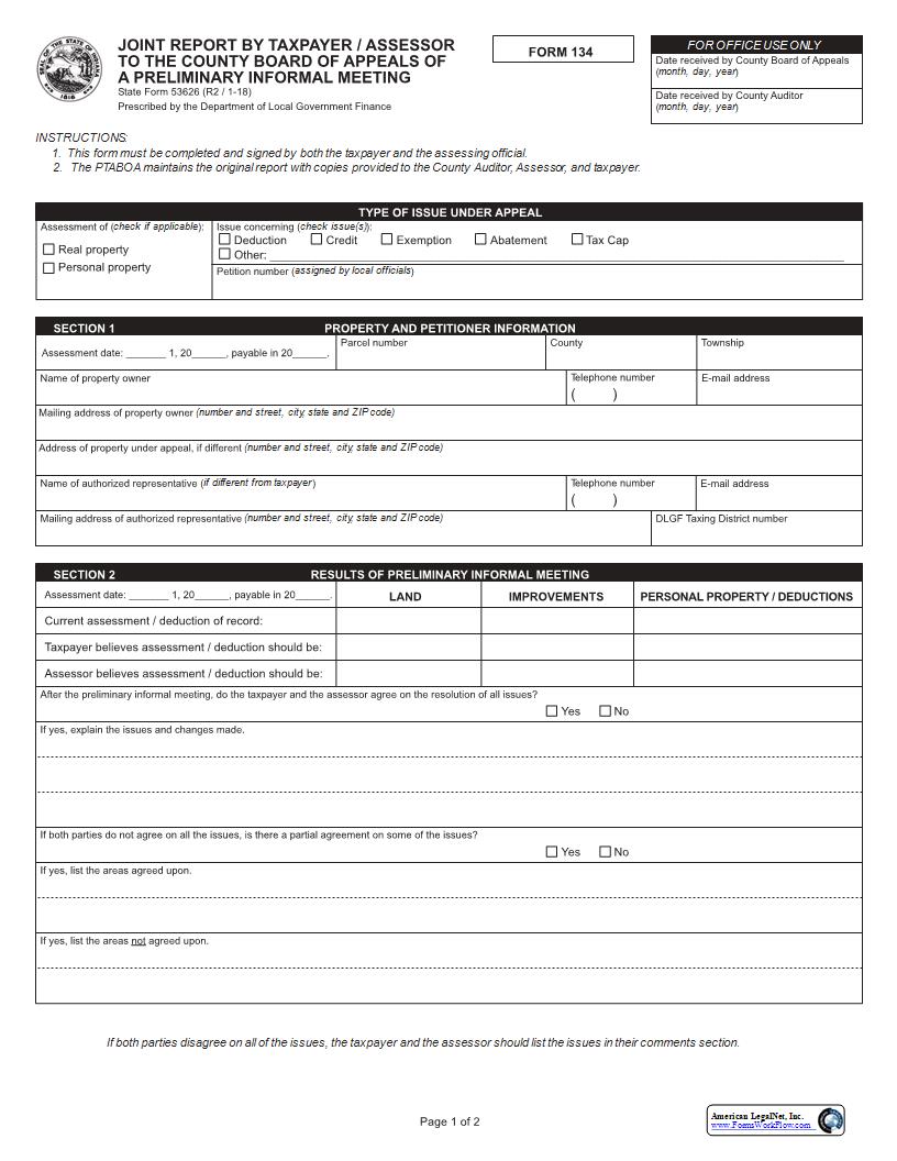 Joint Report By Taxpayer Assessor To The County Board Of Appeals (Form 134) {53626} |  | Indiana