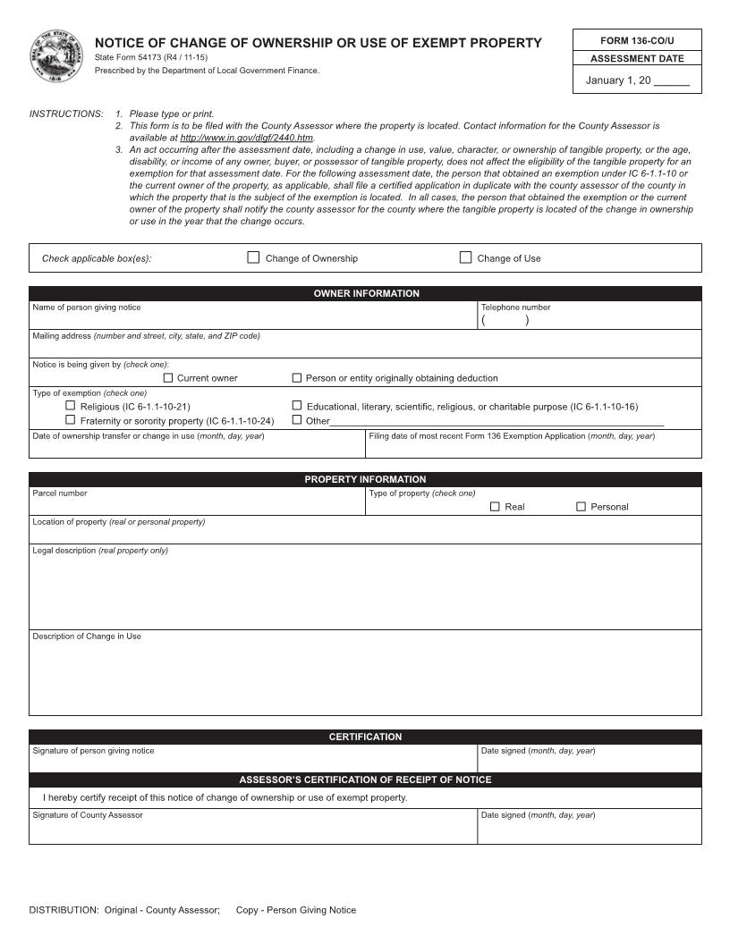 Notice Of Change Of Ownership Or Use Of Exempt Property {54173} | Pdf Fpdf Docx | Indiana