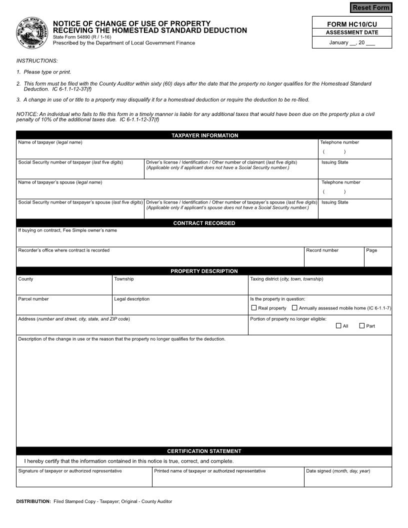 Notice Of Change Of Use Property Receiving Standard Deduction (Form HC10-CU) {54890} | Pdf Fpdf Docx | Indiana