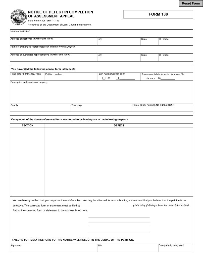 Notice Of Defect In Conpletion Of Assessment Appeal (Form 138) {43087} | Pdf Fpdf Docx | Indiana