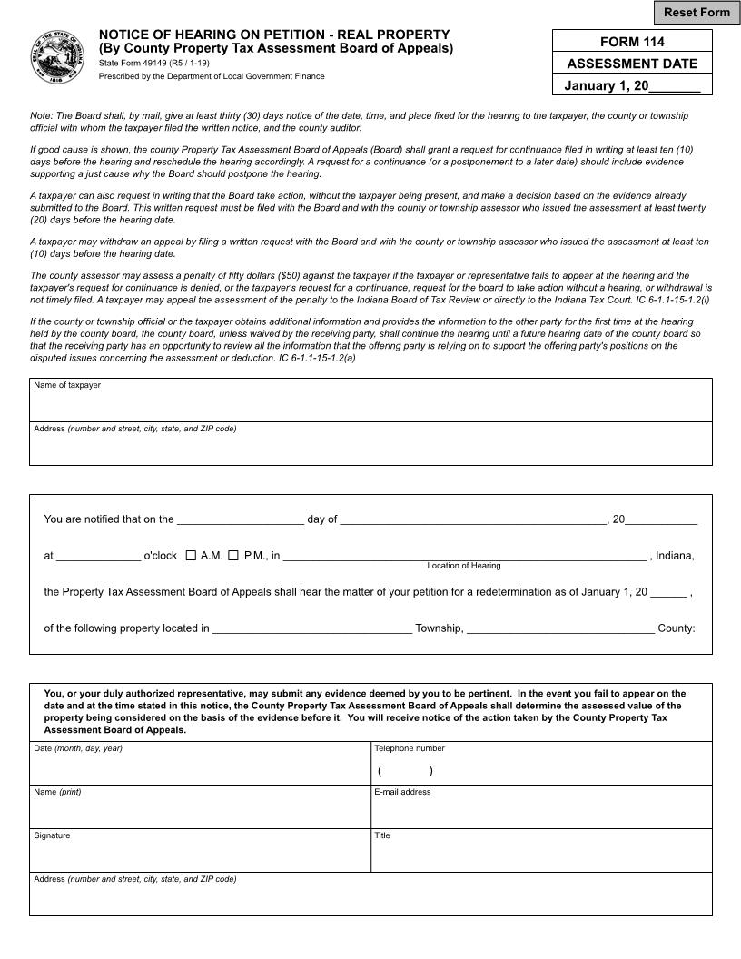 Notice Of Hearing On Petition - Real Property (Form 114) {49149} | Pdf Fpdf Docx | Indiana