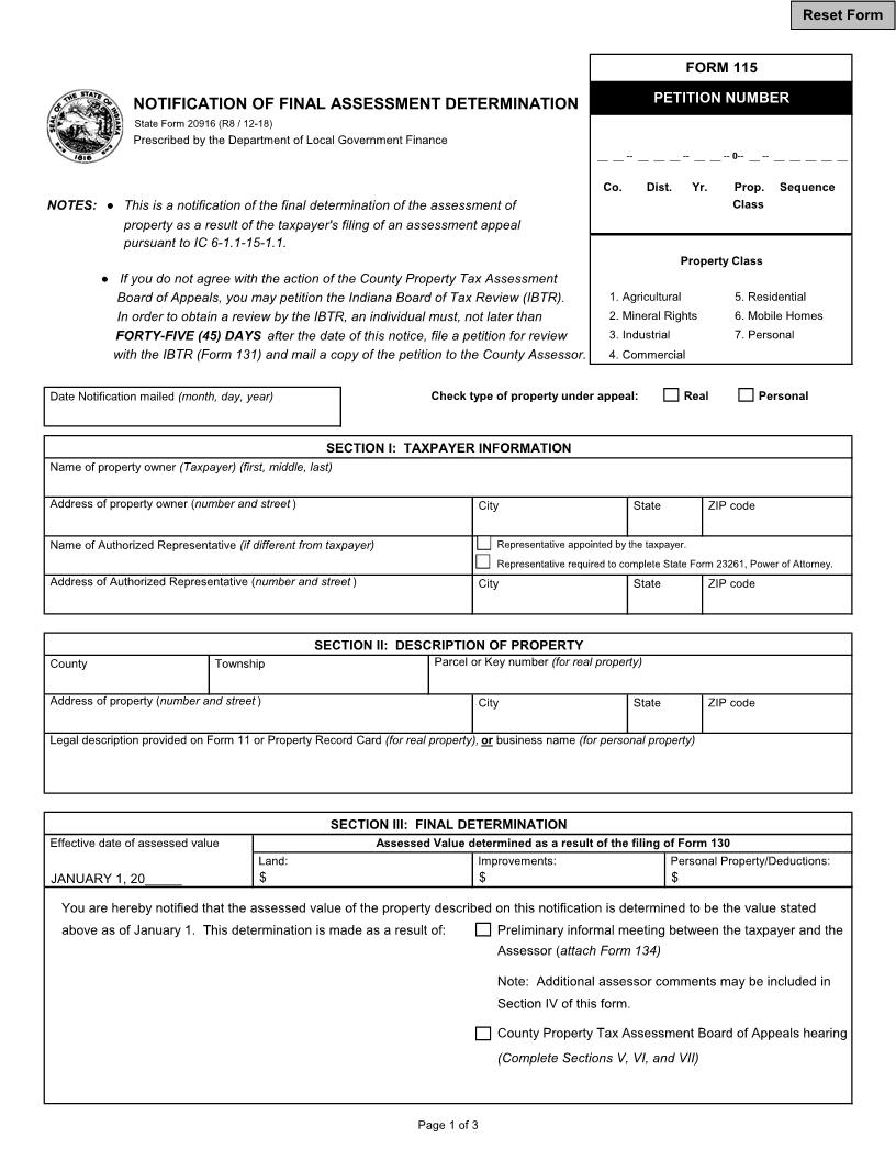 Notification Of Final Assessment Determination (Form 115) {20916} | Pdf Fpdf Docx | Indiana
