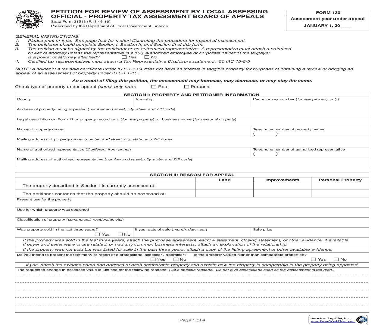 Petition For Review Of Assessment By Local Assessing Official (Form 130) {21513} |  | Indiana