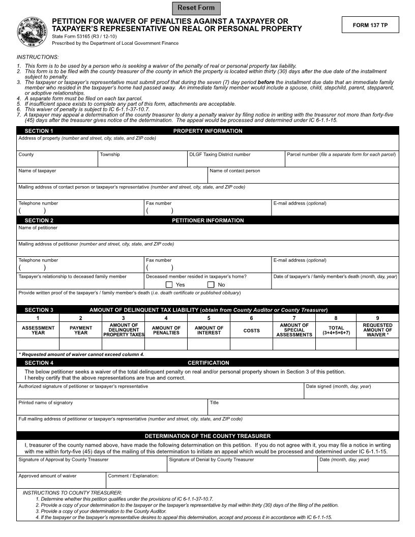 Petition For Waiver Penalties Taxpayer Taxpayers Rep Real Personal Property (Form 137 TP) {53165} | Pdf Fpdf Docx | Indiana