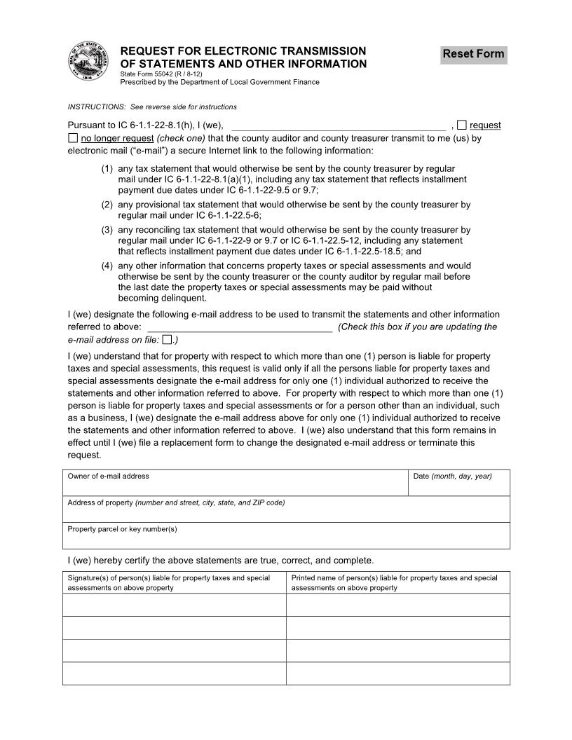 Request For Electronic Transmission Of Statements And Other Information {55042} | Pdf Fpdf Docx | Indiana