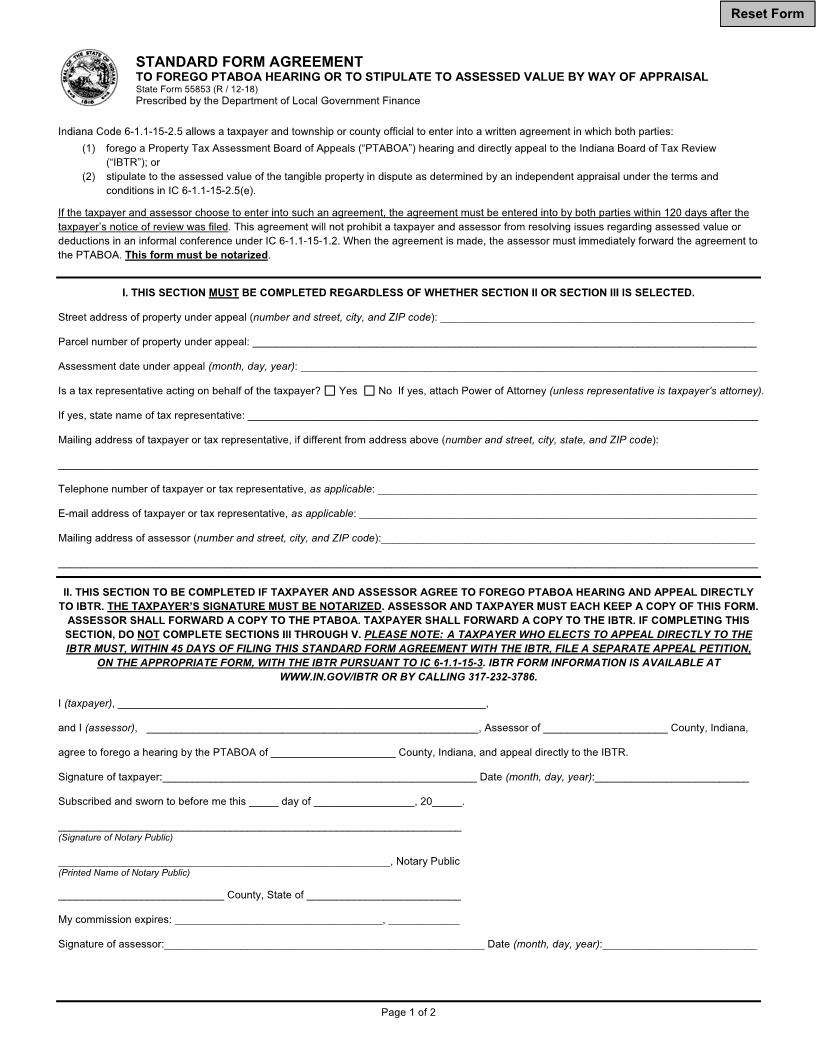 Standard Form Agreement To Forego PTBABOA Hearing Or Stipulate Appraisal Value {55853} | Pdf Fpdf Docx | Indiana