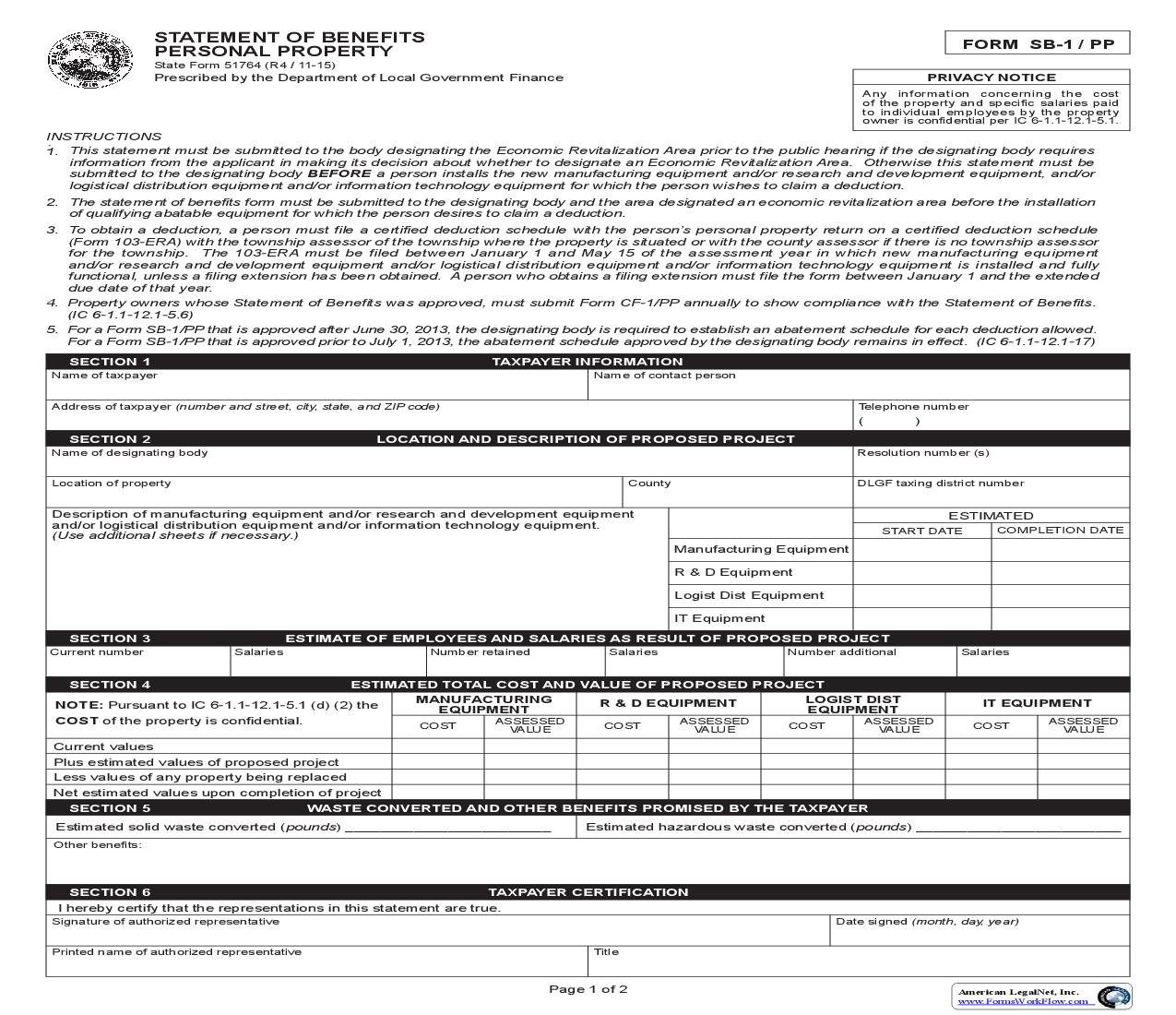Statement Of Benefits Personal Property (Form SB-1-PP) {51764} |  | Indiana