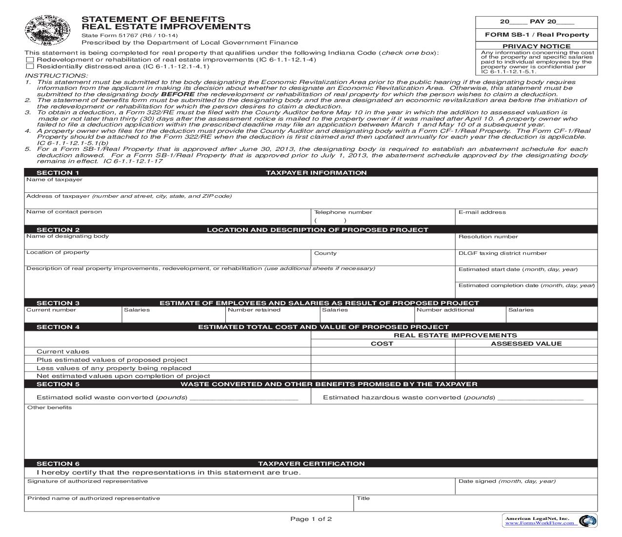 Statement Of Benefits Real Estate Improvements {51767} |  | Indiana