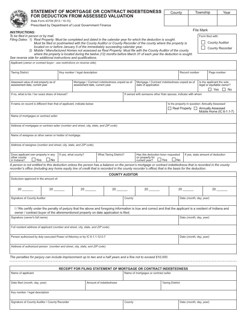 Statement Of Mortgage-Contract Indebtedness For Deduction From Assessed Valuation {43709} | Pdf Fpdf Docx | Indiana