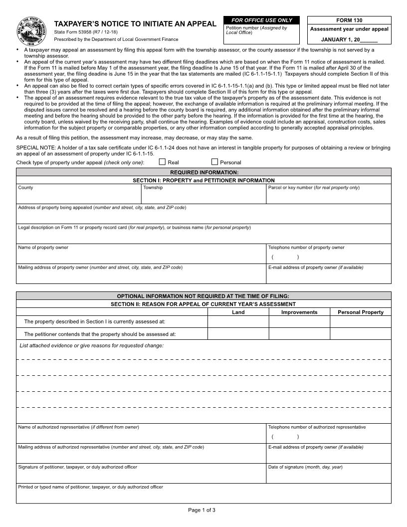 Taxpayers Notice To Initiate An Appeal (Form 130) {53958} | Pdf Fpdf Doc Docx | Indiana