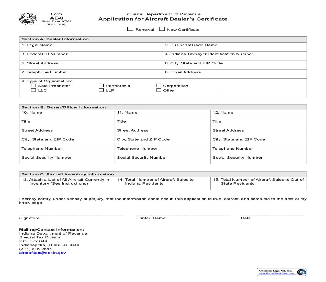Application For Aircraft Dealers Certificate {10763} |  | Indiana