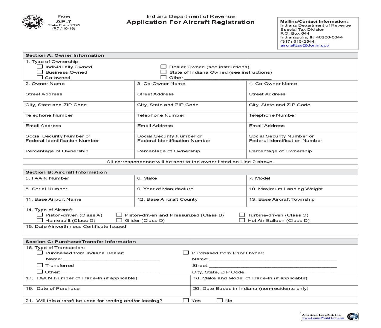 Application For Aircraft Registration Or Exemption {7695} |  | Indiana
