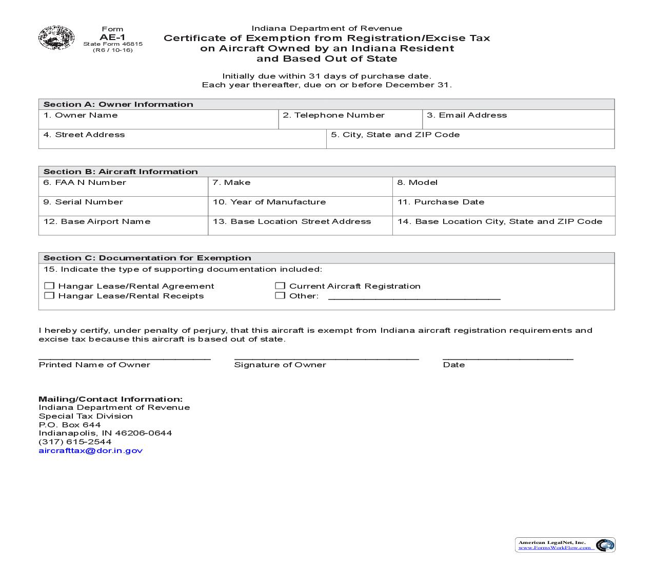 Certificate Of Exemption From Registration Excise Tax On Aircraft Owned By An Indiana Resident And Based Out Of State {AE-1} |  | Indiana