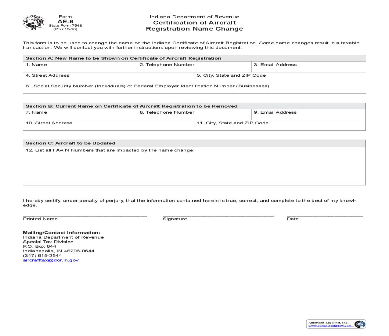 Certification Of Aircraft Registration Name Change {7548} |  | Indiana