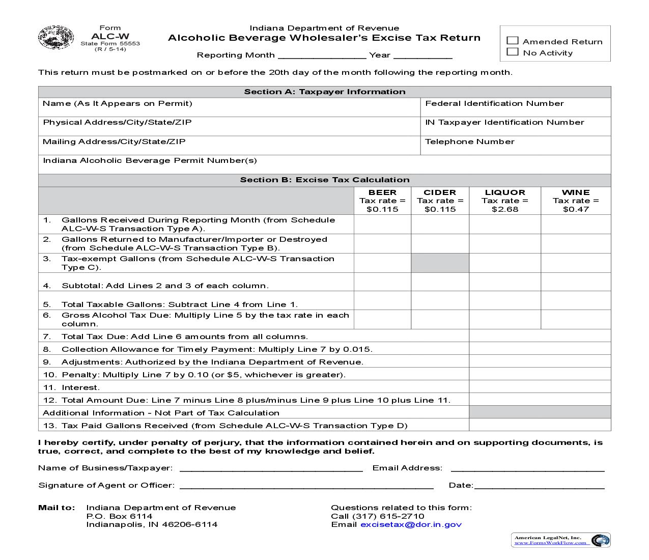 Alcoholic Beverage Wholesalers Excise Tax Return {55553} |  | Indiana