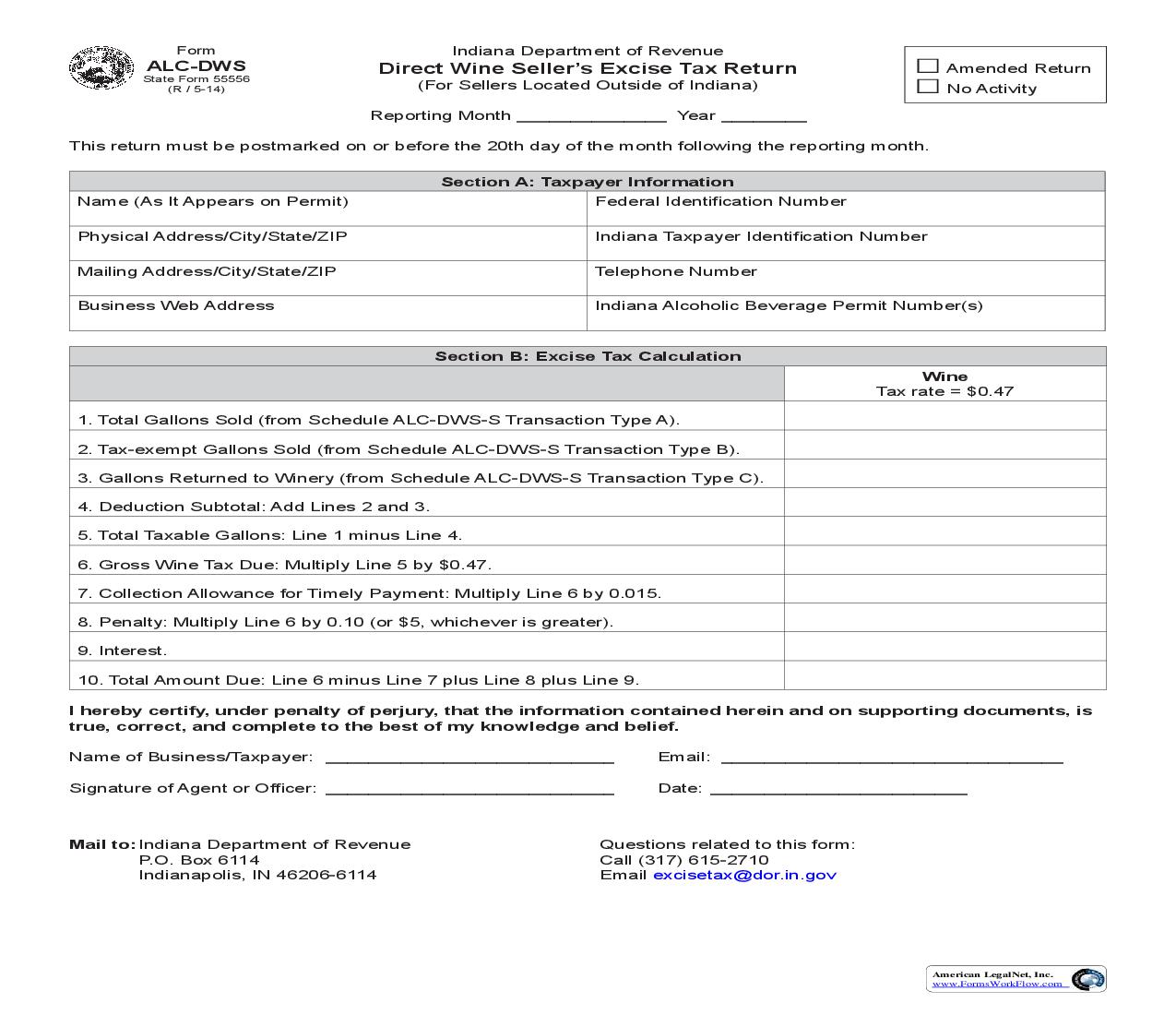 Direct Wine Sellers Excise Tax Return {55556} |  | Indiana