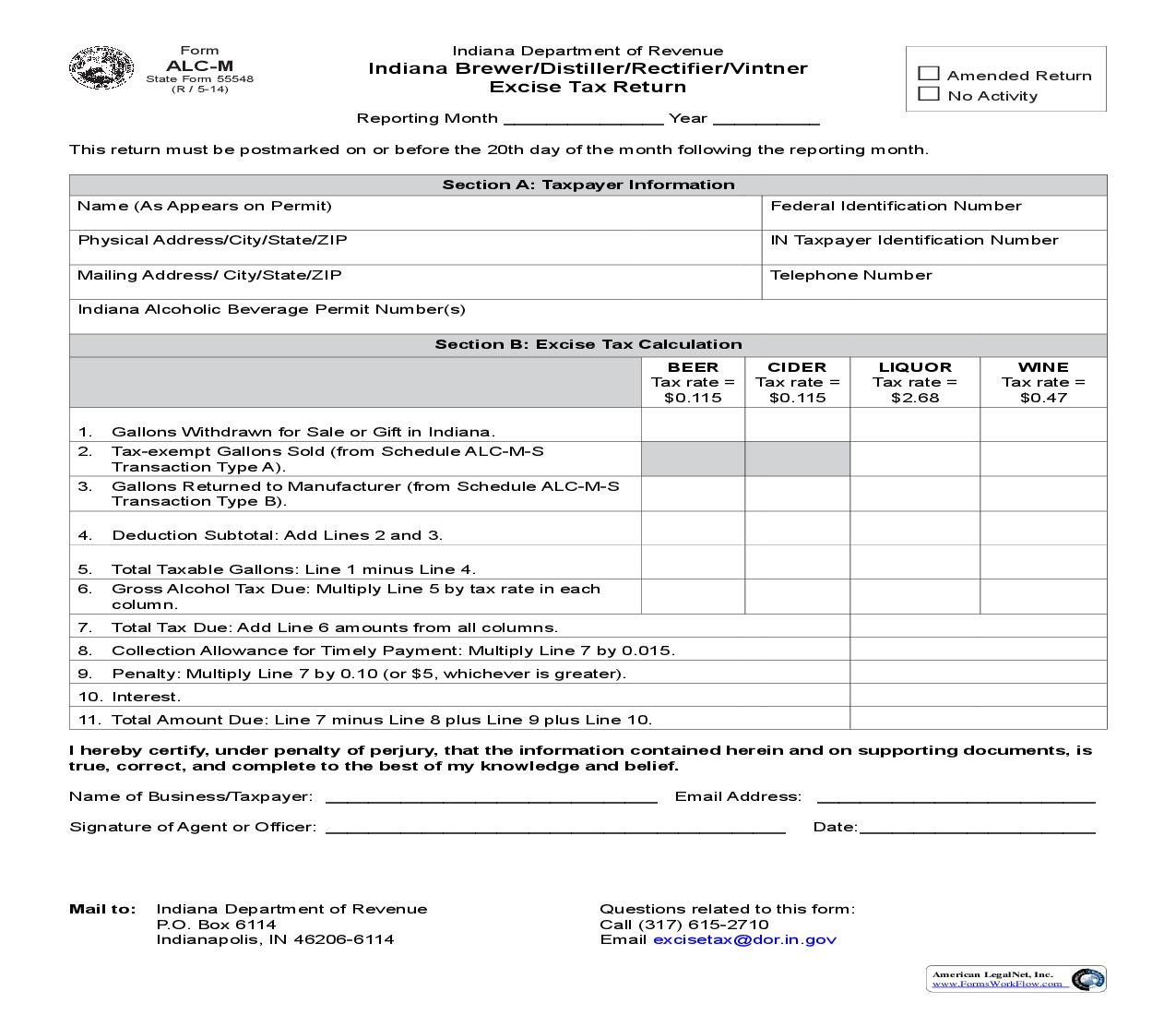 Indiana Brewer Distiller Rectifier Vintner Excise Tax Return {55548} |  | Indiana