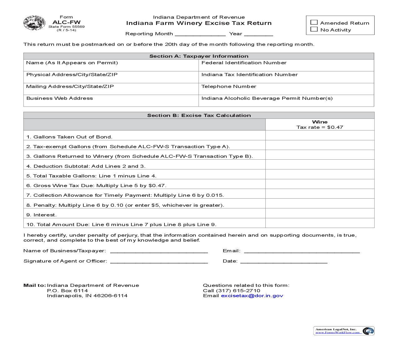 Indiana Farm Winery Excise Tax Return {55569} |  | Indiana