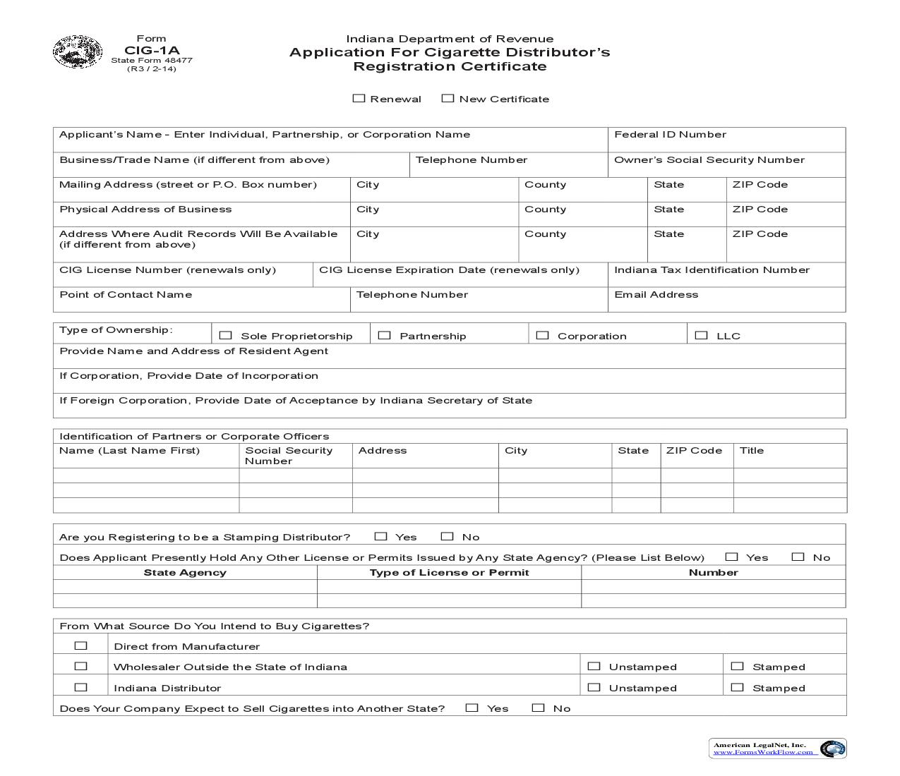 Application For Cigarette Distributors Registration Certificate {CIG-1A} |  | Indiana