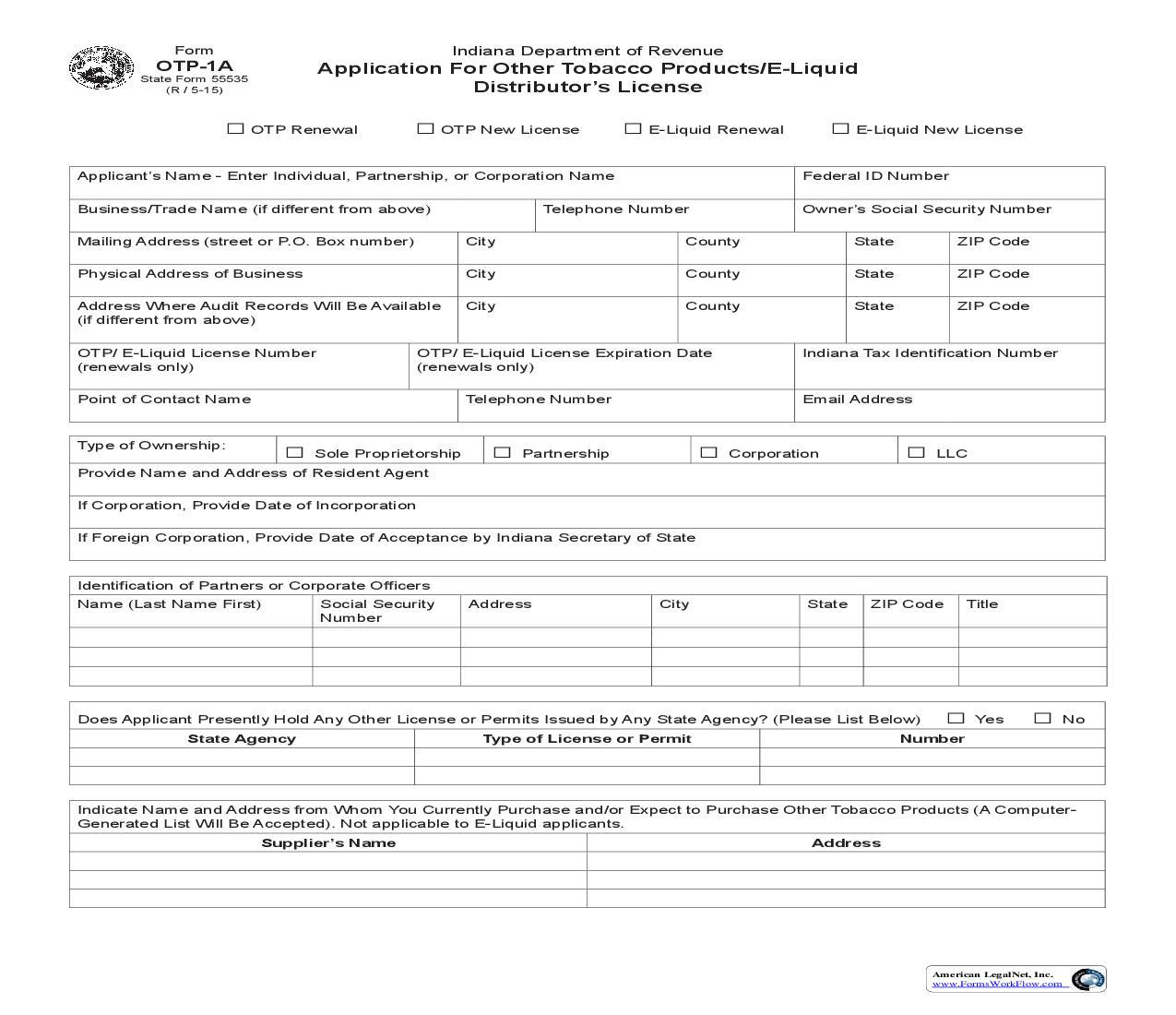 Application For Other Tobacco Products E Liquid Distributors License {OTP-1A} |  | Indiana