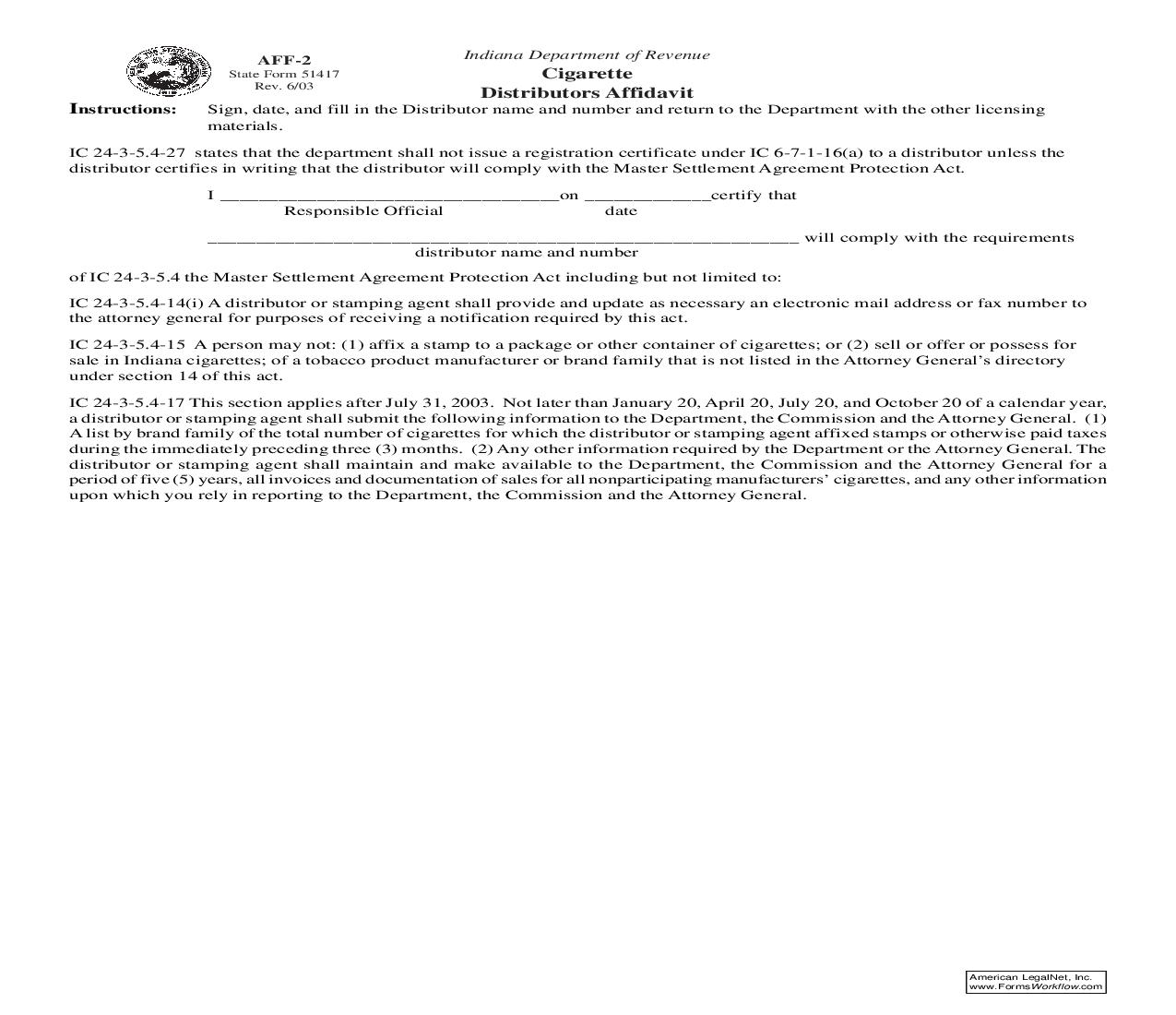 Cigarette Distributors Affidavit {AFF-2} |  | Indiana