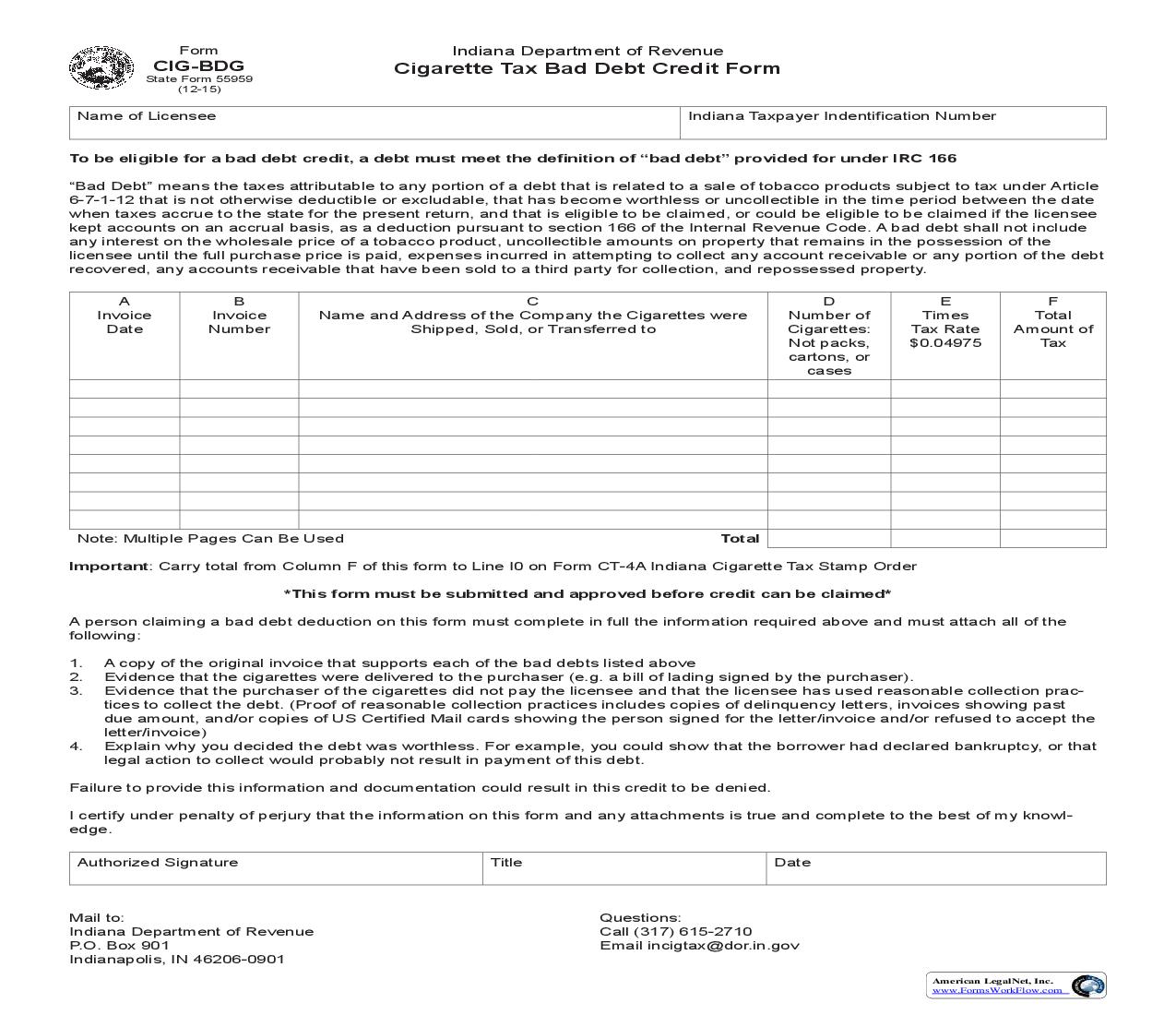 Cigarette Tax Bad Debt Credit Form {CIG-BDG} |  | Indiana