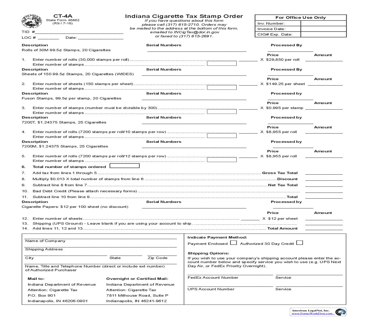 Cigarette Tax Stamp Order {CT-4A} |  | Indiana
