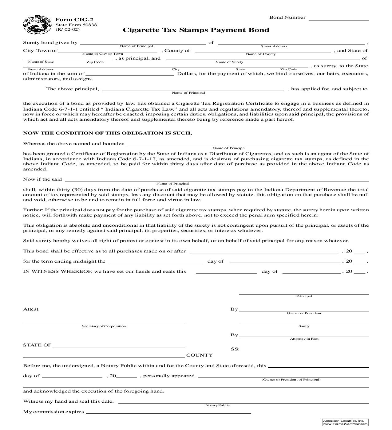 Cigarette Tax Stamps Payment Bond {CIG-2} |  | Indiana