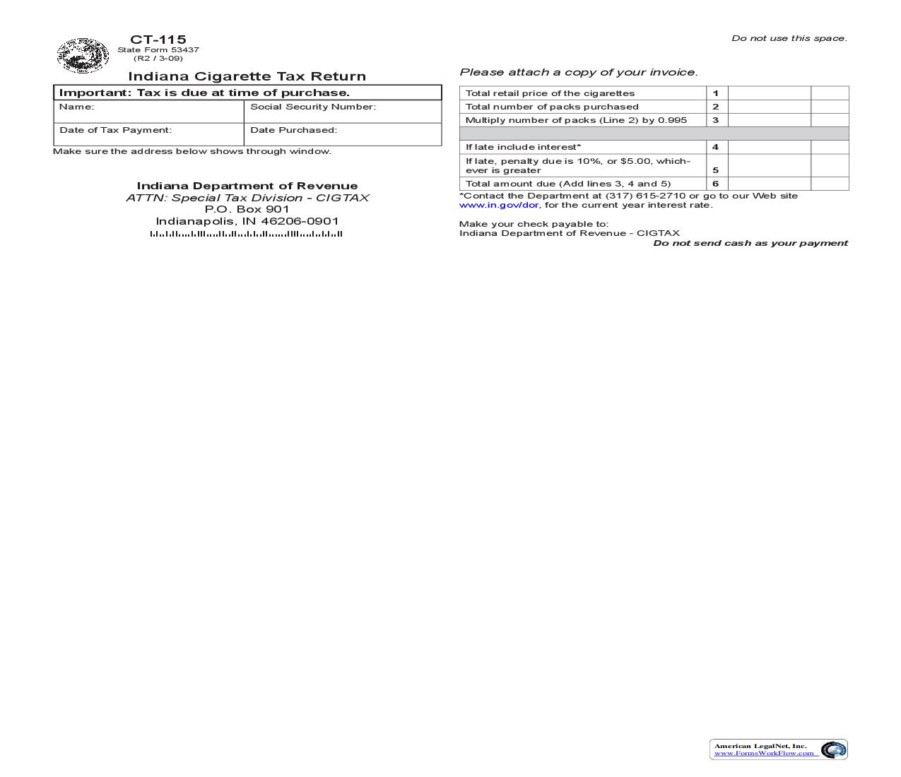 Indiana Cigarette Tax Return {CT-115} |  | Indiana